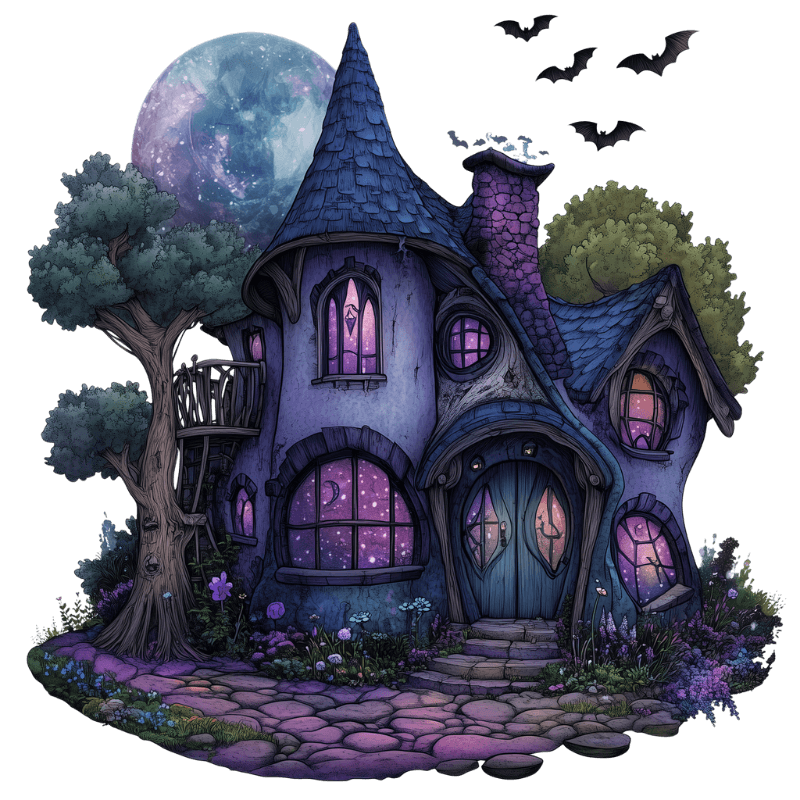 haunted house with bats and full moon