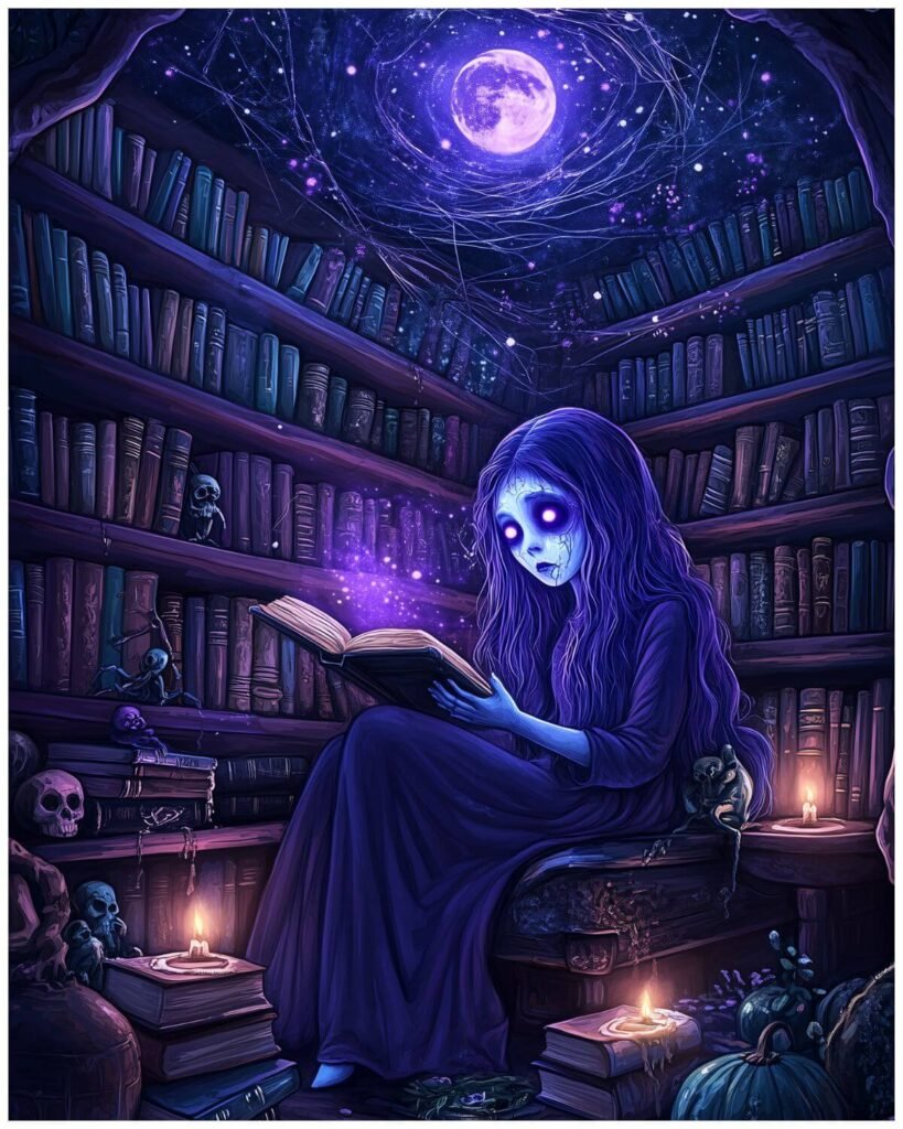 ghost girl witch art print haunted library