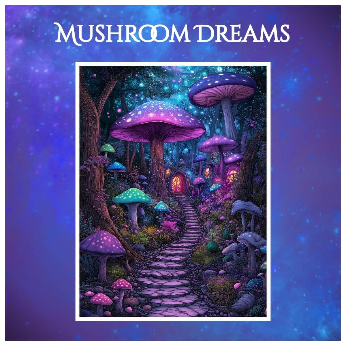 magical art print featuring colorful mushrooms in enchanted forest – mystical hue realm