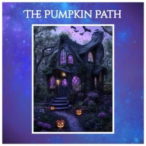Halloween art print with jack-o'-lanterns and bats