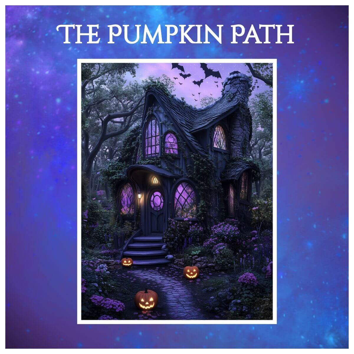 Halloween art print with jack-o'-lanterns and bats