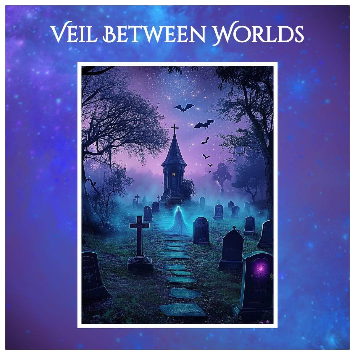 ghost girl witch art print colorful graveyard with bats