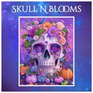 colorful Halloween wall art with skull and flowers with pumpkins