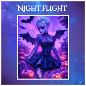 Halloween art print with jack-o'-lanterns and bats