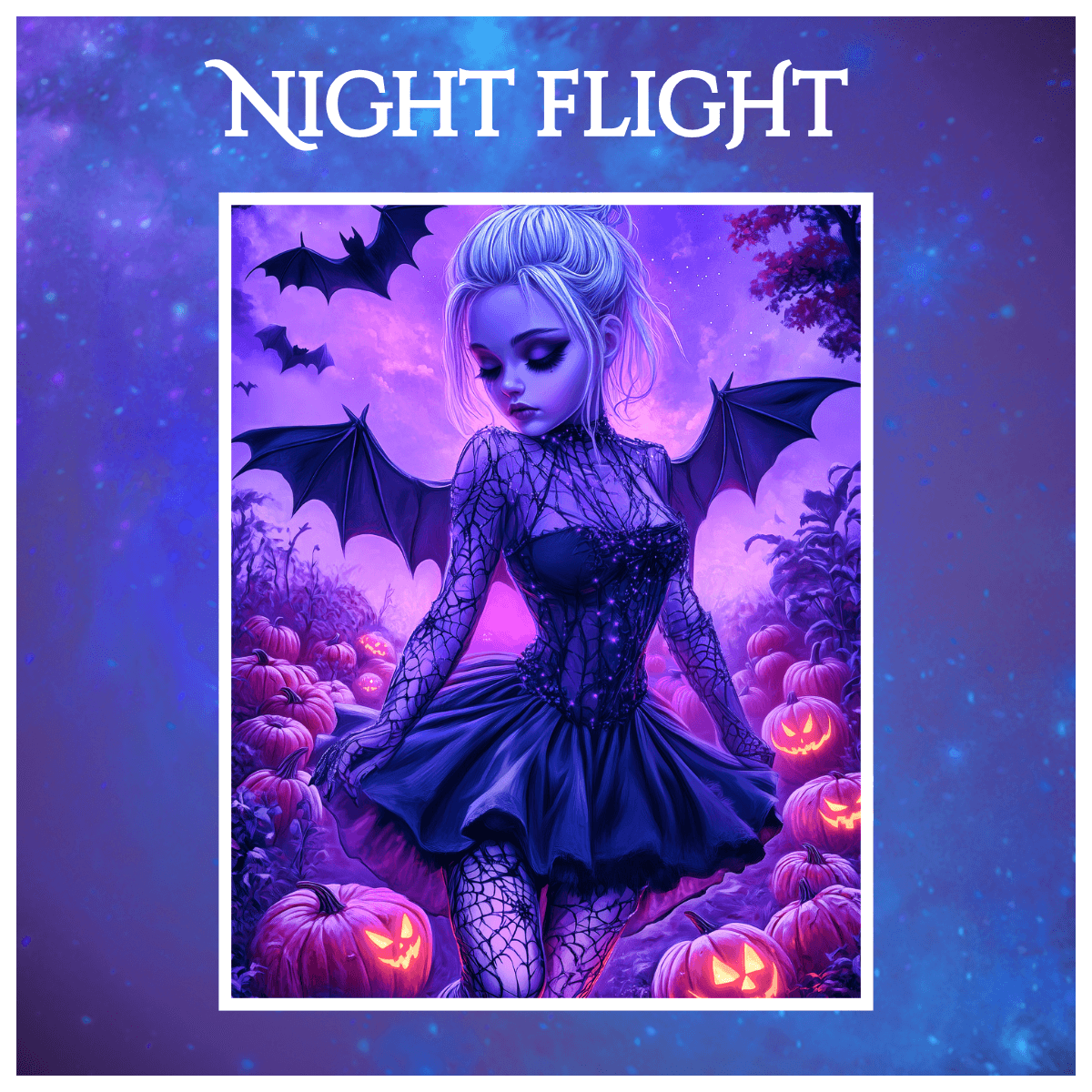 Halloween art print with jack-o'-lanterns and bats