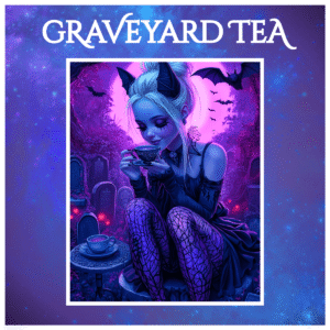 Halloween art print with graveyard and bats