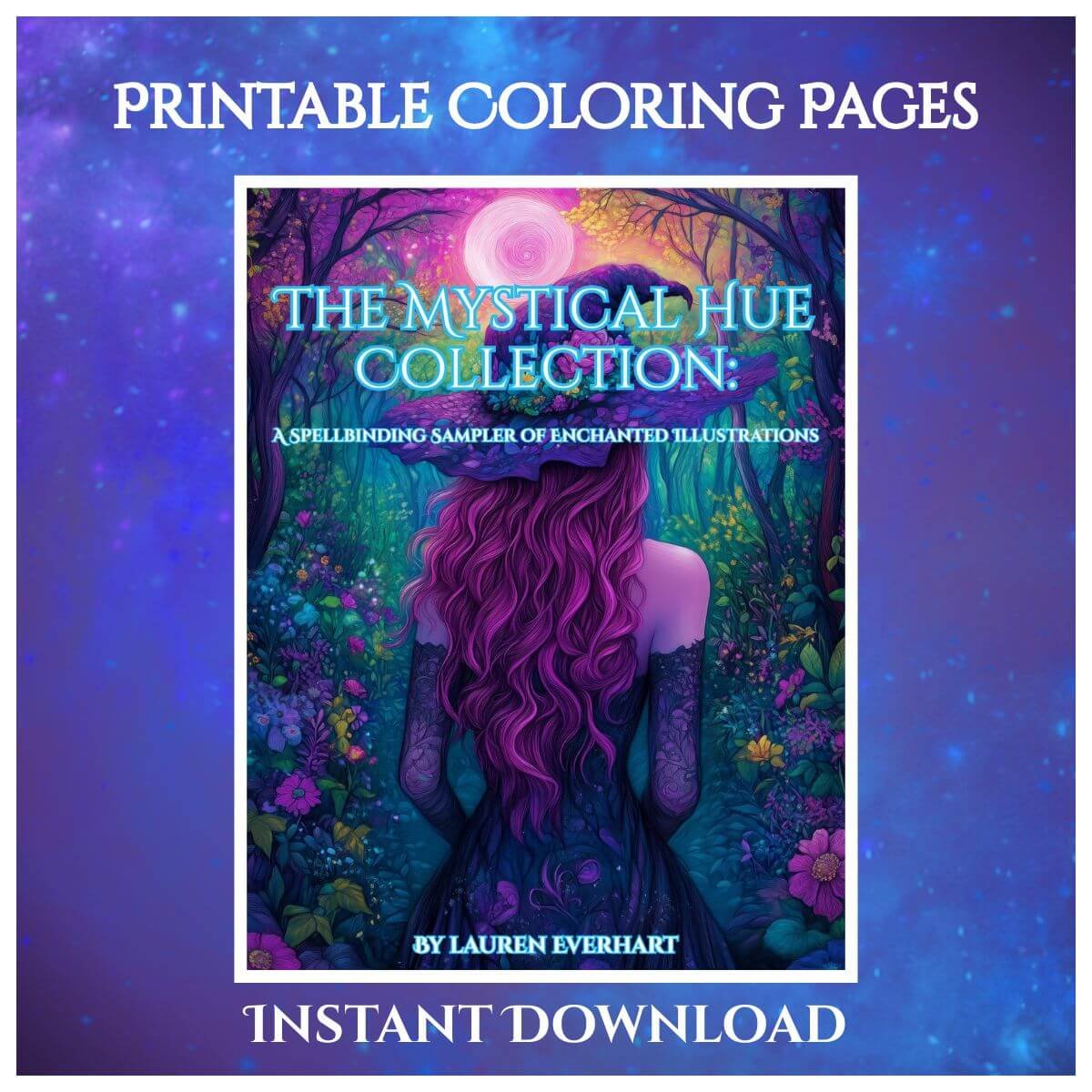 witchy coloring sheet with forest and familiars