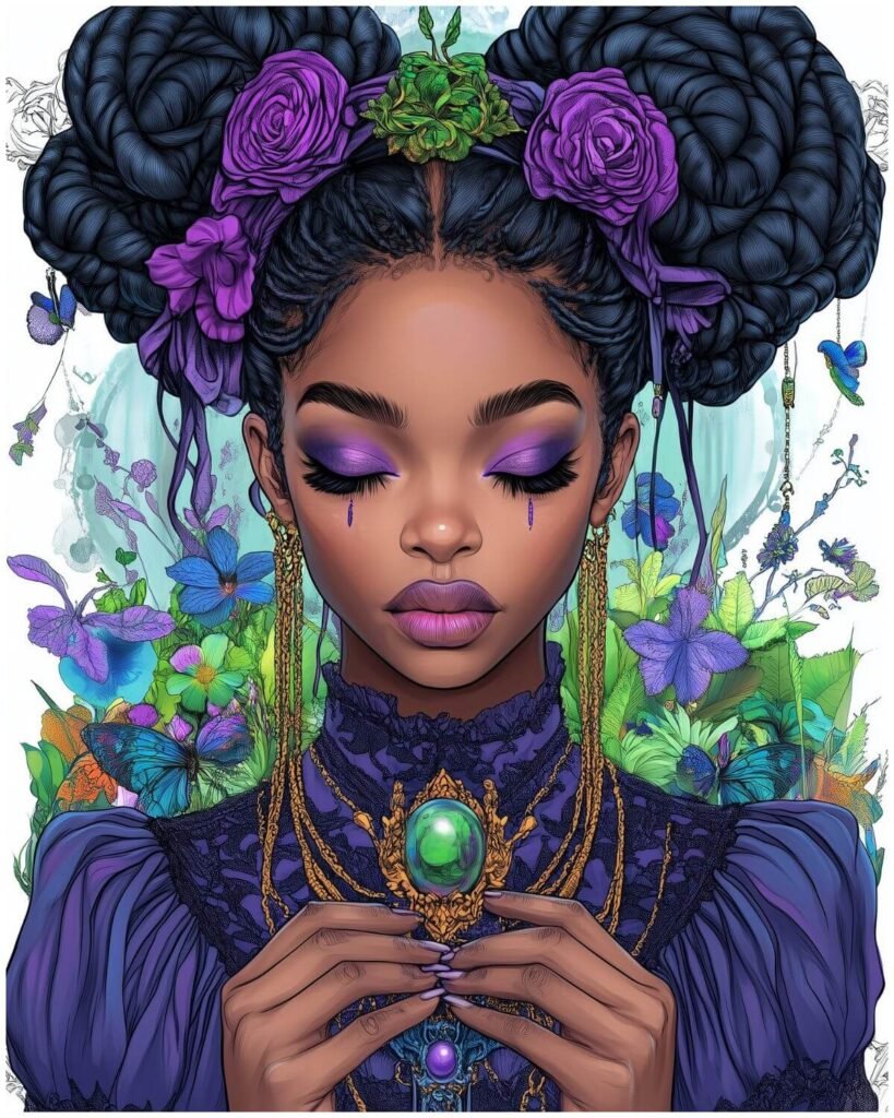 magical art print featuring flowers and crystals – mystical hue realm