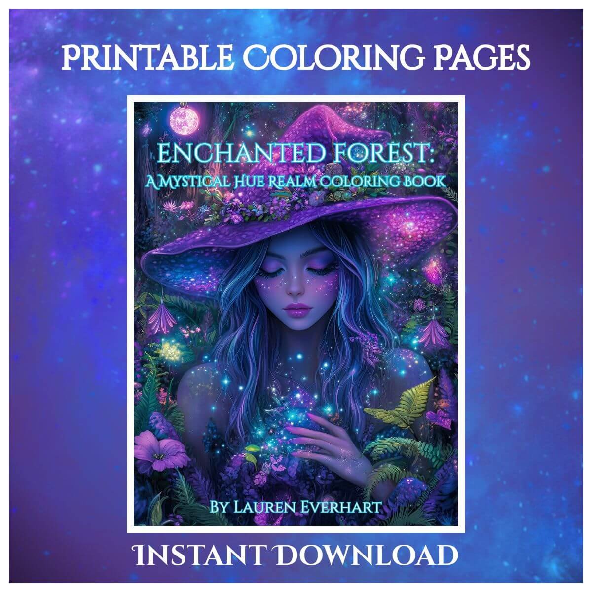 witchy coloring sheet with forest and familiars