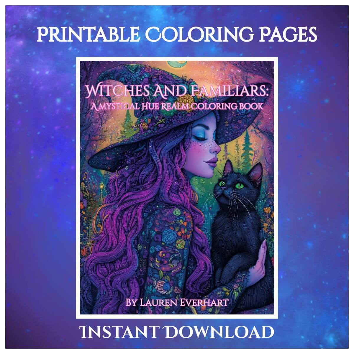 witchy coloring sheet with forest and familiars