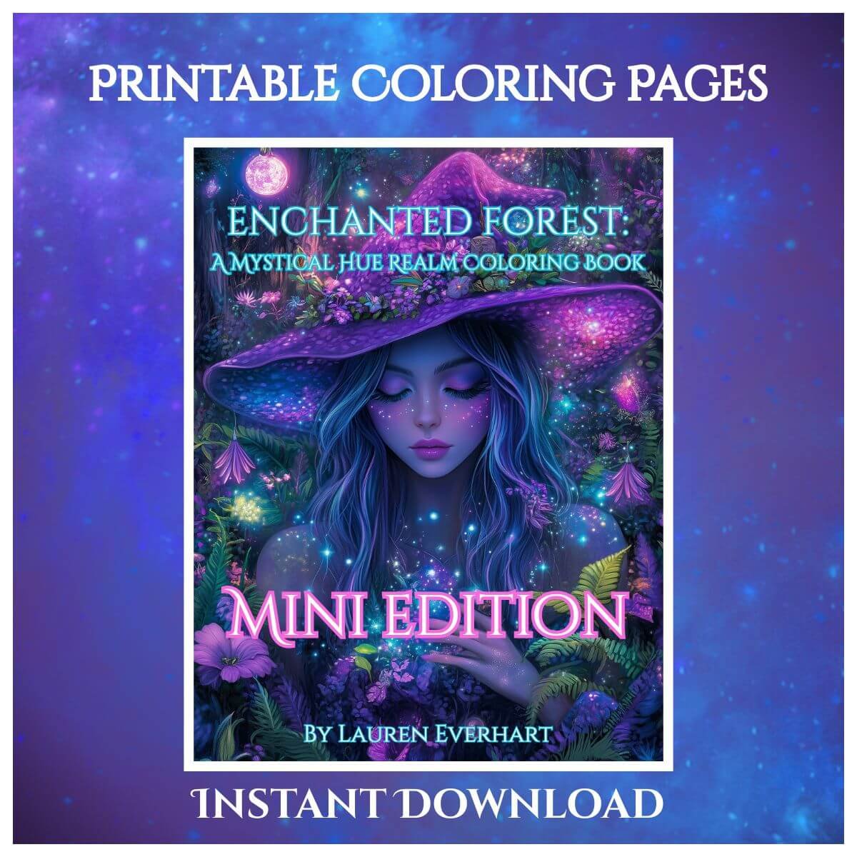 witchy coloring sheet with forest and familiars