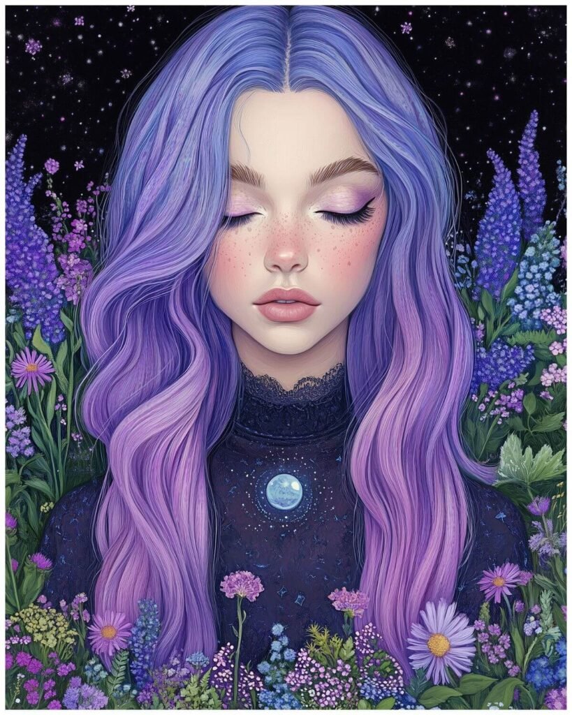 magical art print featuring moon and flowers – mystical hue realm
