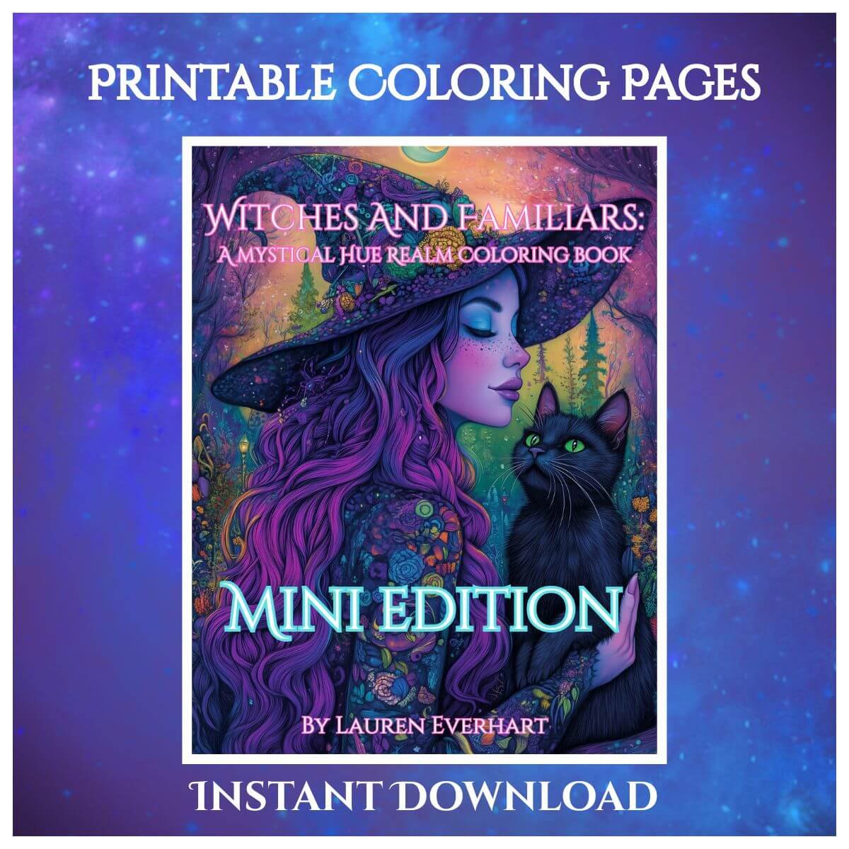 witchy coloring sheet with forest and familiars