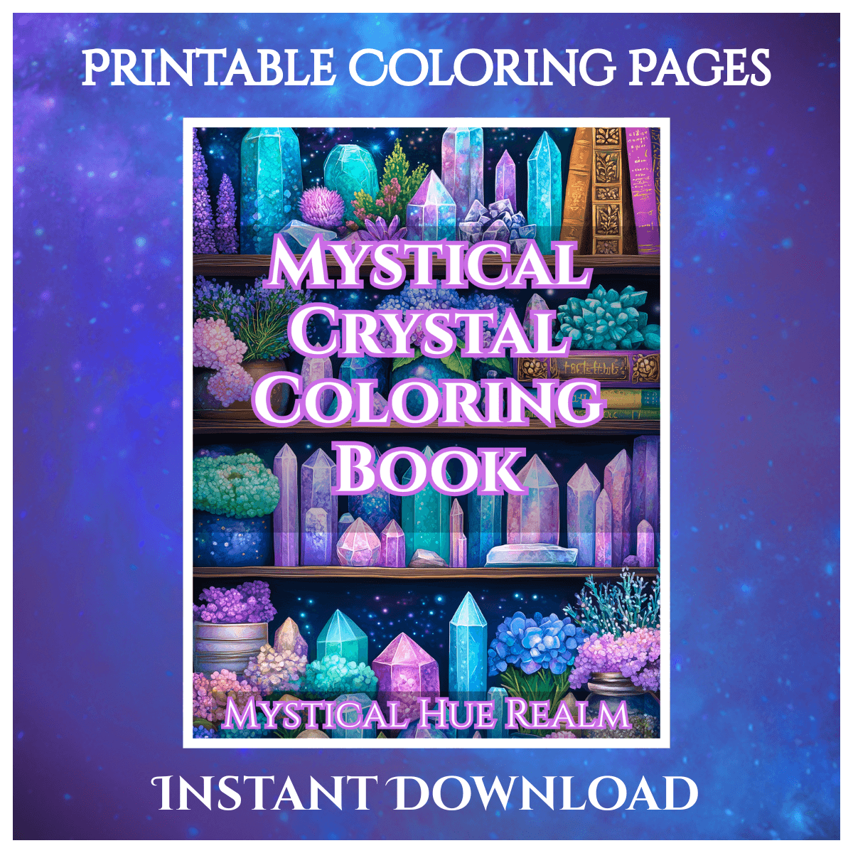 printable crystal coloring book page with celestial symbols