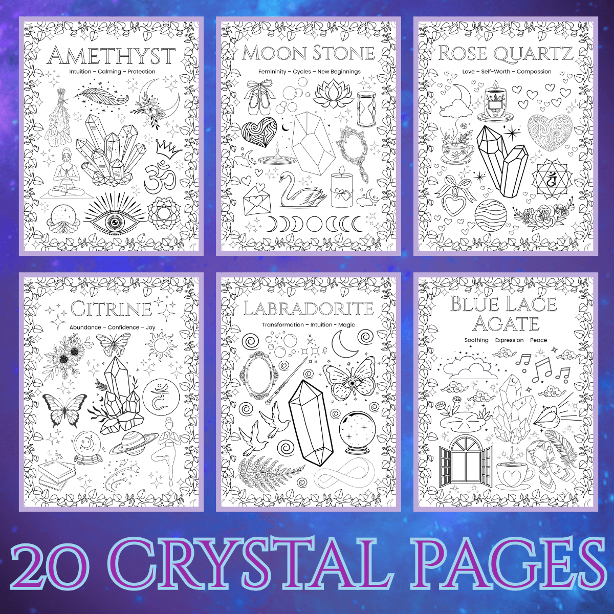 printable crystal coloring book page with celestial symbols