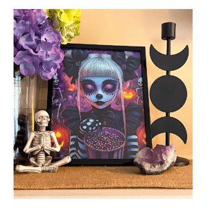 Halloween art print with jack-o'-lanterns and skeletons