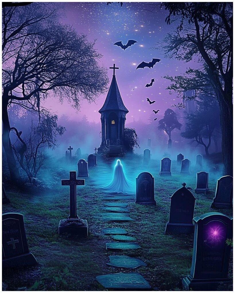 moody Halloween wall art with bats and graveyard