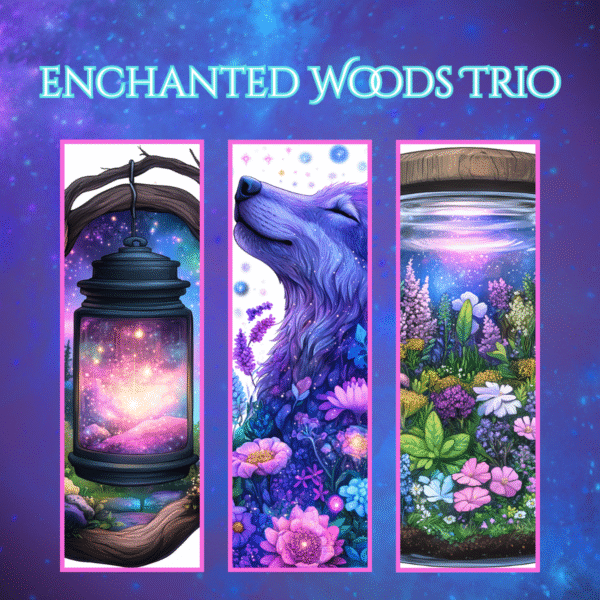 Enchanted Forest Bookmark Set – Lantern, Wolf, and Floral Jar – Whimsical Nature Bookmarks with Glitter