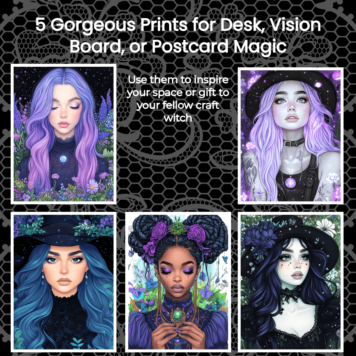 printable witchy postcards, vision board and desk prints