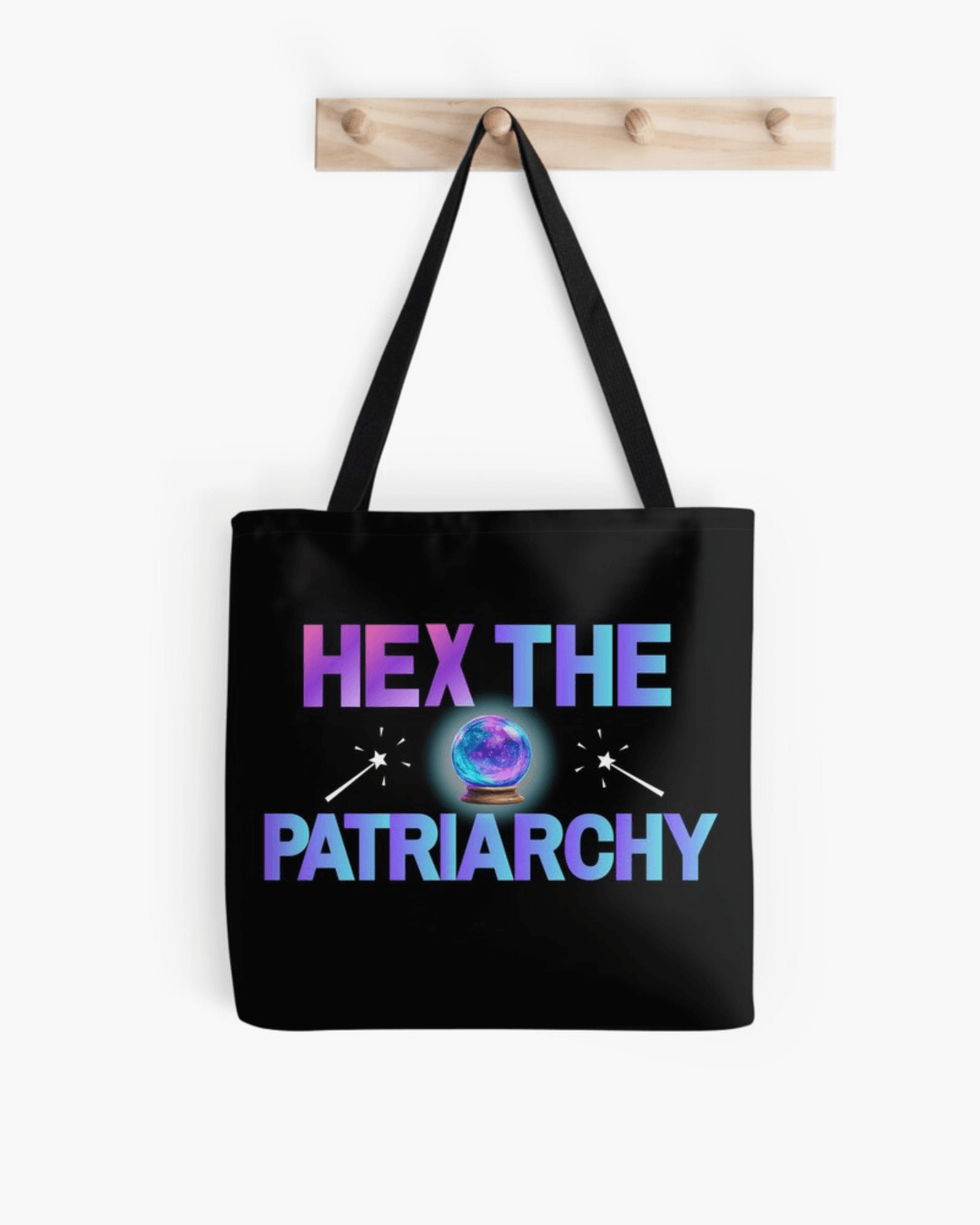 hex the patriarchy witchy tote bag black with purple blue text crystal ball