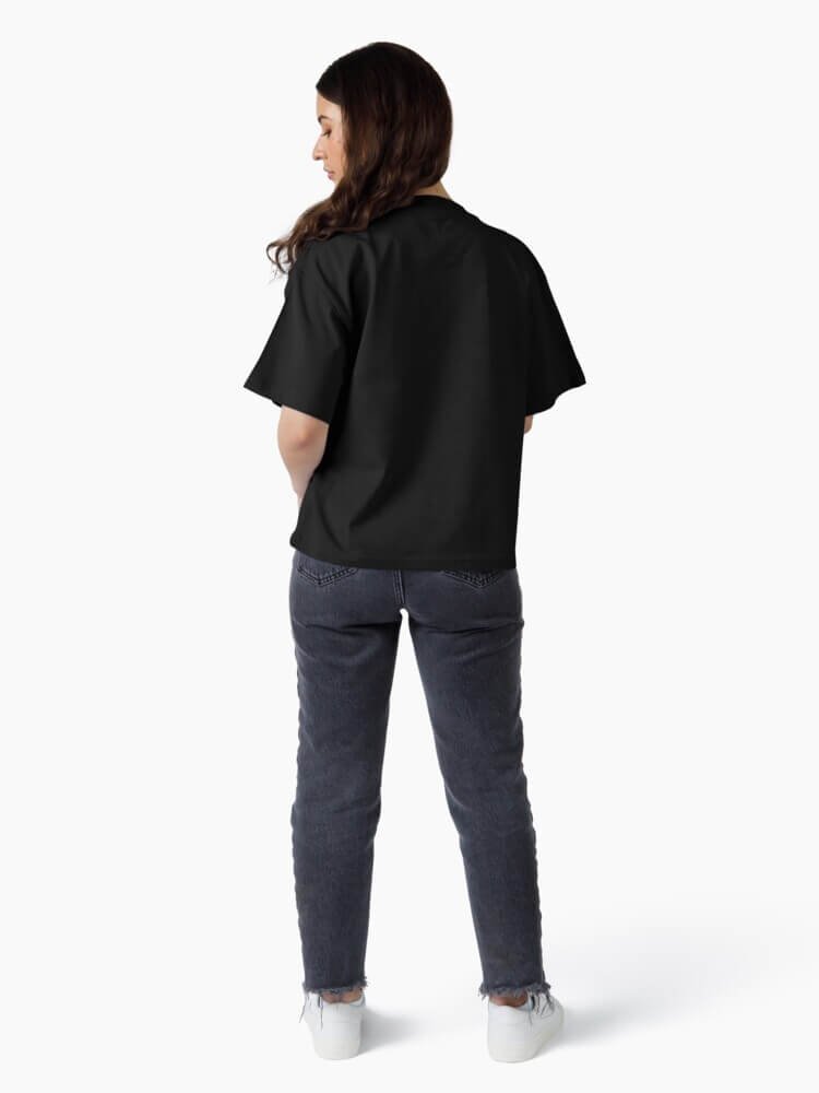 Back view of plain black boxy spooky t shirt showing relaxed fit and short sleeves