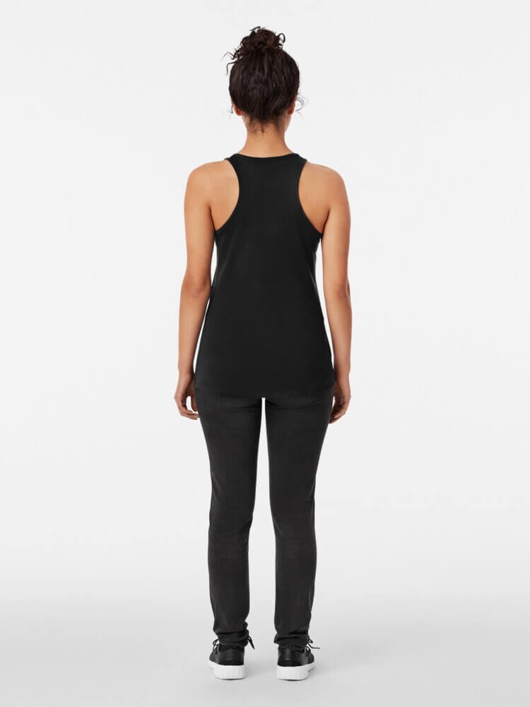 Back view of black racerback tank top without design, showing simple racerback cut