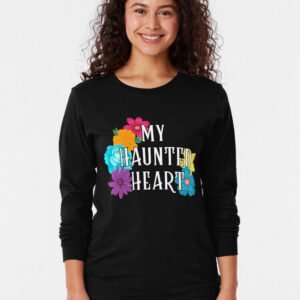 Person wearing a black long sleeve ‘My Haunted Heart’ shirt with colorful flowers and bold white lettering