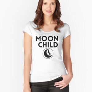 Person wearing a white fitted scoop-neck t-shirt with bold black text that reads ‘Moon Child’ above a crescent moon and cat graphic, standing against a plain white background.