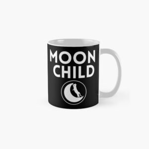 Black ceramic mug with bold white “Moon Child” text and a cat on a crescent moon logo on a plain white background.