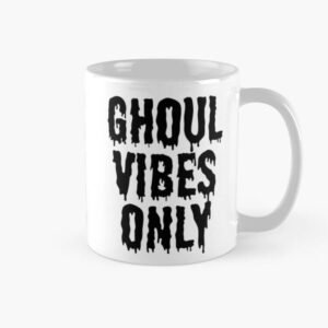 Front view of white mug showing full ‘Ghoul Vibes Only’ spooky dripping lettering