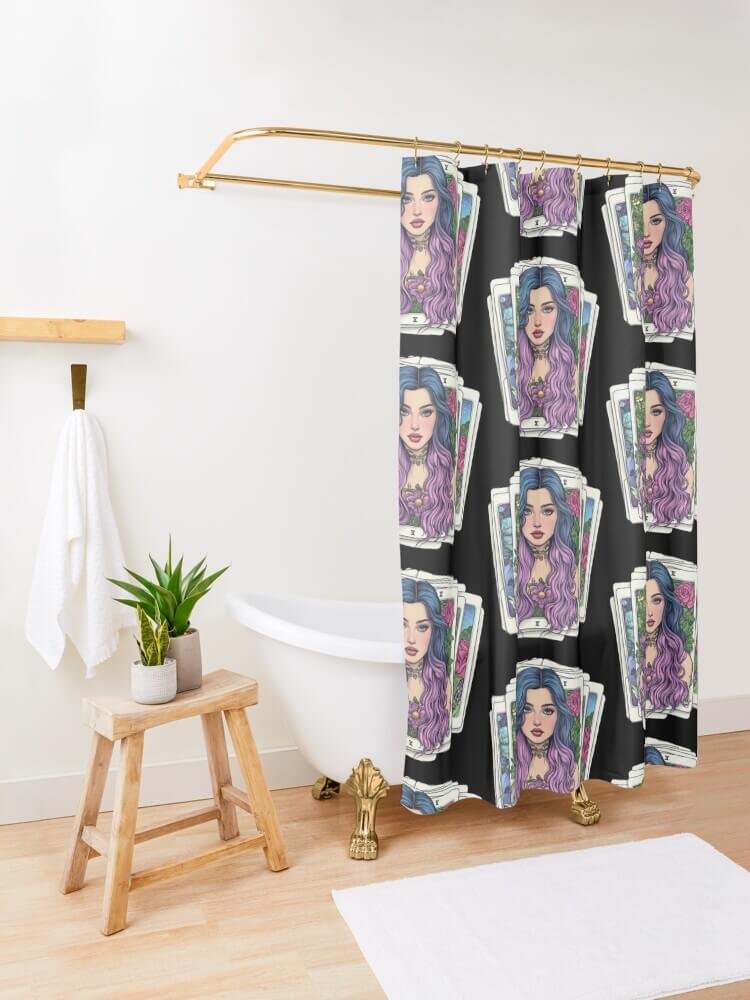 Side view of bathroom with Tarot Reading Beauty shower curtain pulled partway across, revealing mystical tarot girl pattern.