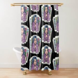 Tarot Reading Beauty shower curtain hanging in a clawfoot tub bathroom, showing repeating purple-haired tarot reader on a black background.
