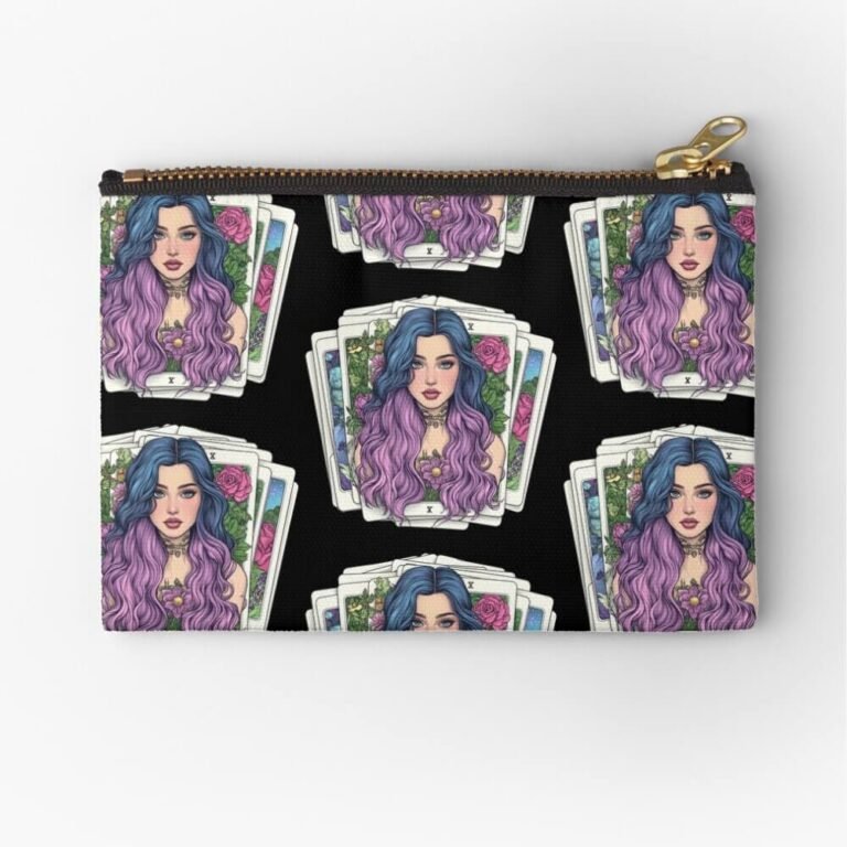 Medium tarot beauty zippered pouch on a plain white background, featuring the pastel-haired card girl pattern.