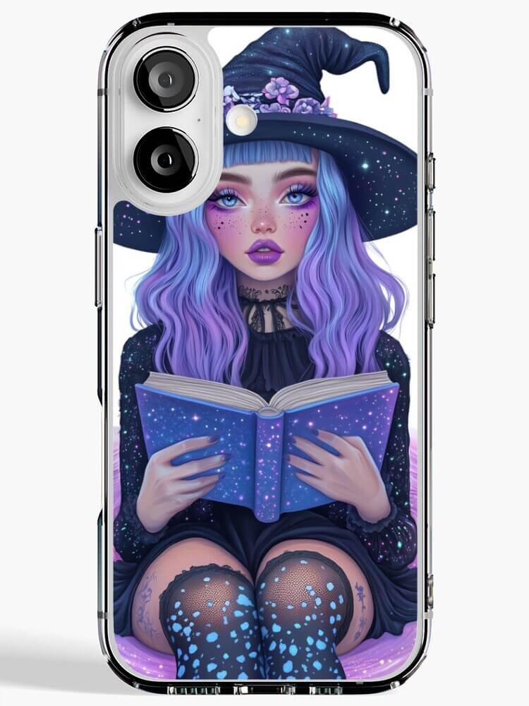 Front view of Celestial Witch Energy iPhone case featuring a pastel witch reading a glowing blue spellbook on a black background.