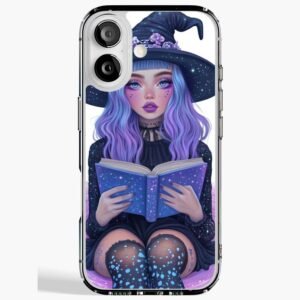 Front view of Celestial Witch Energy iPhone case featuring a pastel witch reading a glowing blue spellbook on a black background.