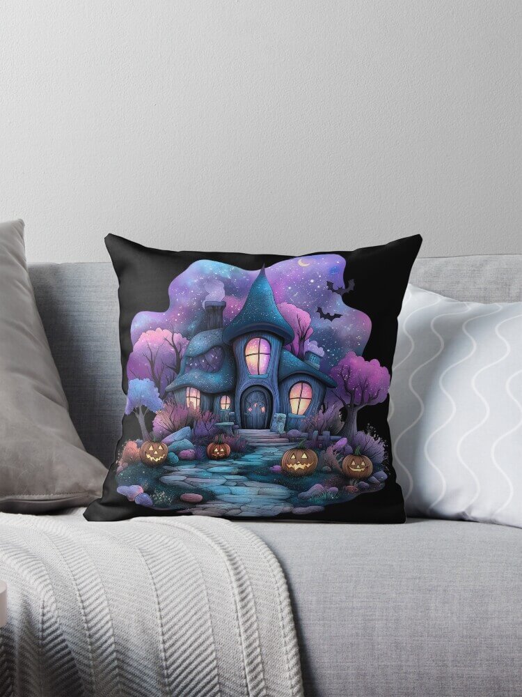 Square throw pillow featuring a pastel haunted cottage with glowing pumpkins and a starry night sky on a grey sofa