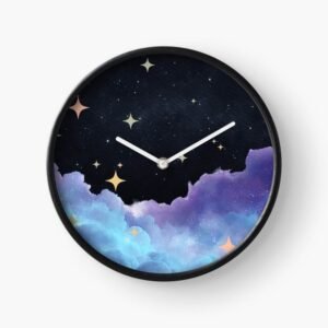 Close-up of the Midnight Cloud wall clock with a black frame, showing detailed pastel blue and purple clouds beneath a starry night sky.