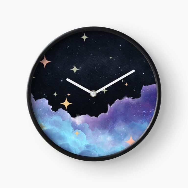 Close-up of the Midnight Cloud wall clock with a black frame, showing detailed pastel blue and purple clouds beneath a starry night sky.