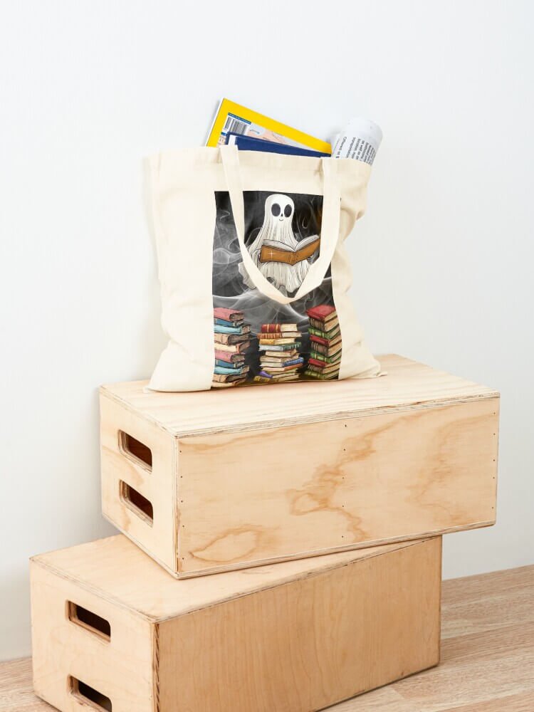 Natural cotton tote bag with a ghost reading above stacks of books, sitting on wooden crates and filled with books.