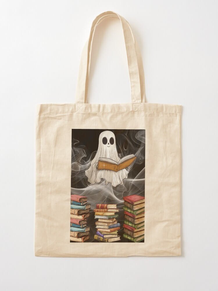 Flat lay of natural cotton tote bag showing ghost reading illustration with smoky background and tall stacks of colorful books.