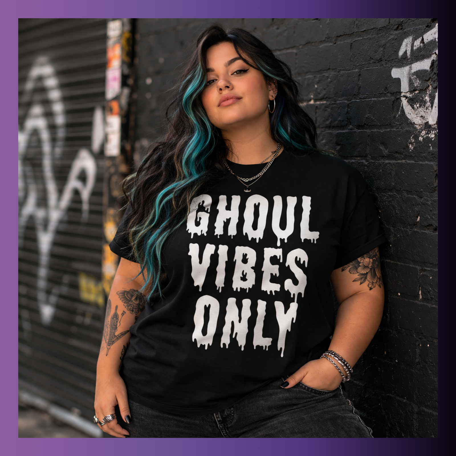 plus size woman with alt style wearing black tee with white text ghoul vibes only
