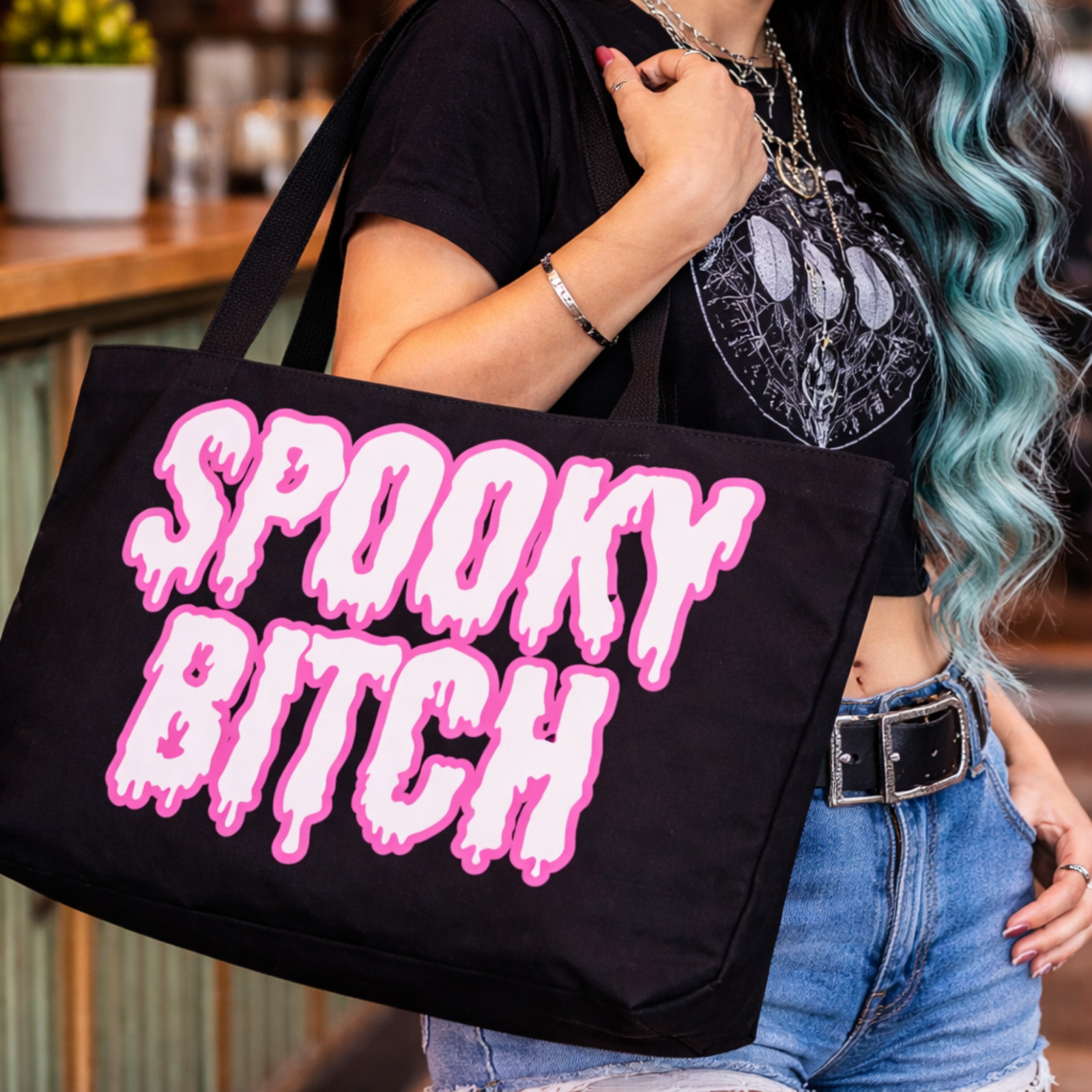 Spooky Bitch Weekender Tote Bag Halloween Drippy Pink Text
