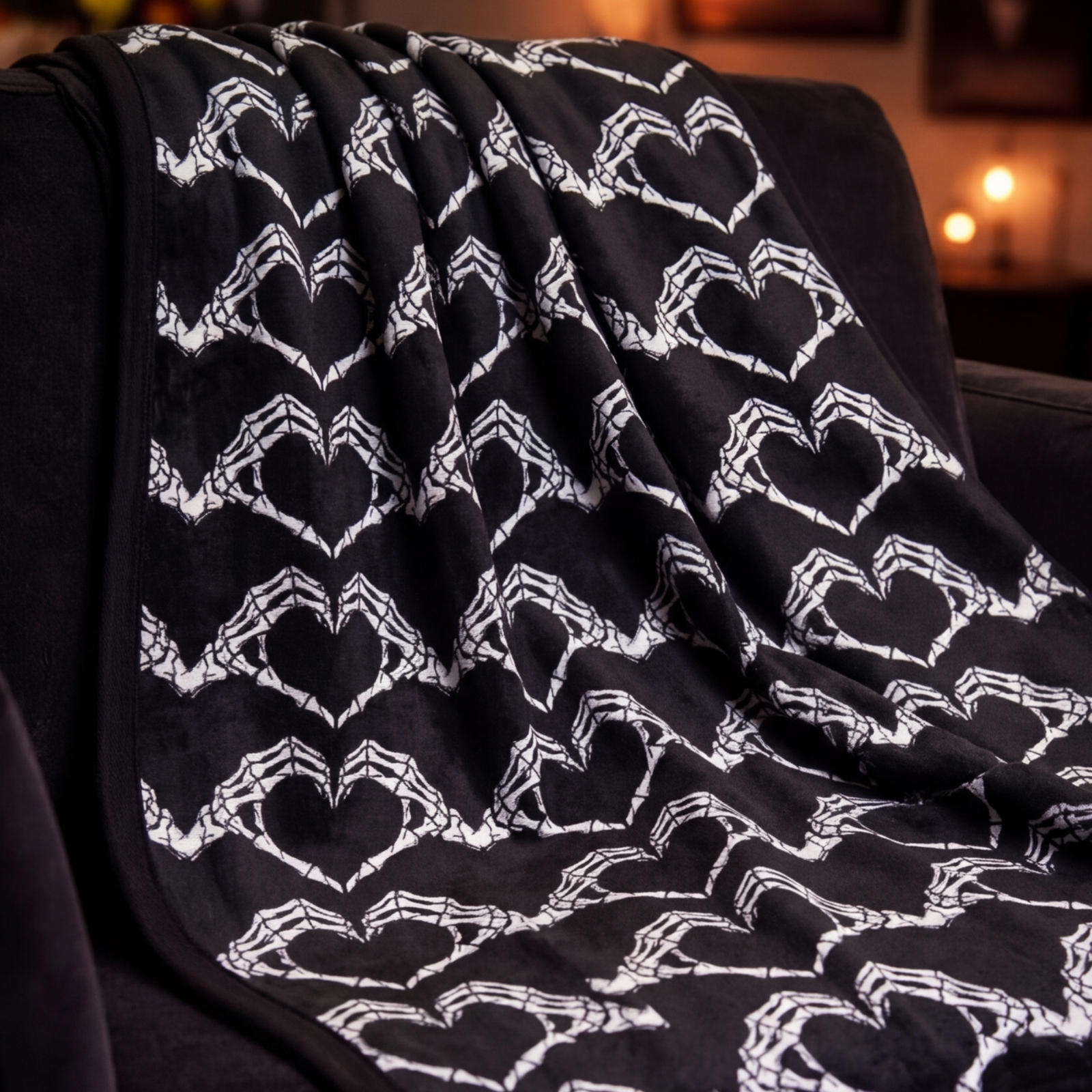 Skeleton Heart Hands Spooky Cute Black and White Fleece Throw Blanket - Image 4
