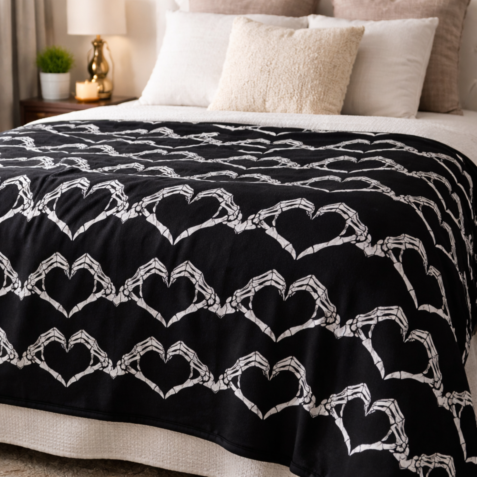 Skeleton Heart Hands Spooky Cute Black and White Fleece Throw Blanket
