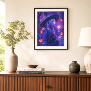 Halloween witch wall art print with purple witch, glowing pumpkins, spiderweb, and enchanted forest background