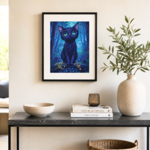 Magical black cat wall art print featuring a wide-eyed black cat in a glowing blue graveyard forest