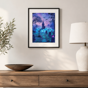 Haunted cemetery wall art print with glowing ghost, tombstones, bats, misty graveyard, and gothic chapel