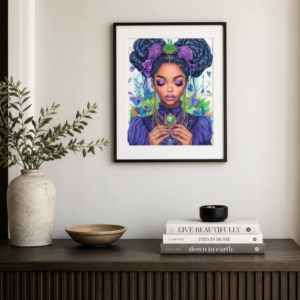 Botanical goddess wall art print featuring a mystical feminine portrait with purple flowers and jewel-toned botanical details
